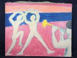 un tableau représentant un homme jouant de la trompette sur la plage