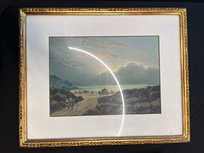 framed picture of a painting of a desert scene with a line of cattle