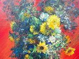 an oil painting of a vase of flowers on a red background