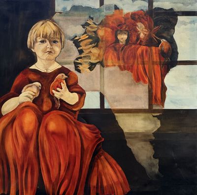 a painting of a woman in a red dress sitting in front of a window