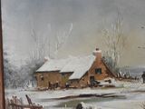 painting of a winter scene with a barn and a pond in the foreground