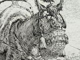 a black and white drawing of a man plowing a field with a horse