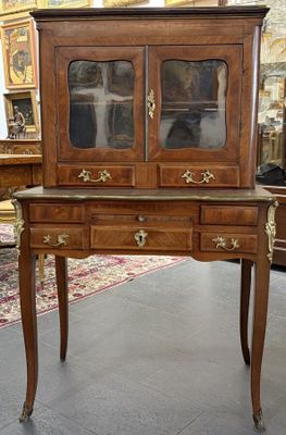 a wooden cabinet with a glass door on it