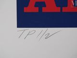 a close up of a picture of a blue and red sign with the letter a on it