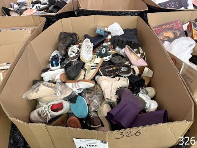 a cardboard box filled with shoes and other items