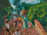 une peinture à l'huile représentant une femme descendant un escalier, un panier sur la tête