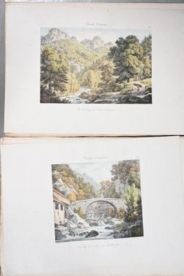 two old prints of a river and a bridge in a wooded area
