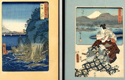 two framed prints of a woman sitting on a rock by a body of water