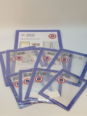 six sachets en plastique transparent ornés d'un motif rouge, blanc et bleu