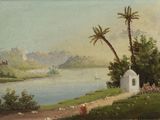 painting of a view of a river with a small white building in the foreground and palm trees in the foreground