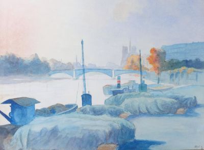 une peinture représentant un bateau sur l'eau, avec un pont en arrière-plan