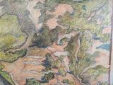 a drawing of a man riding a horse in the mountains