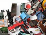 many different types of toy trains and trucks on the table