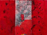 an image of a painting of a red building with a clock on top of it