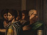 painting of a group of men standing next to each other in front of a window