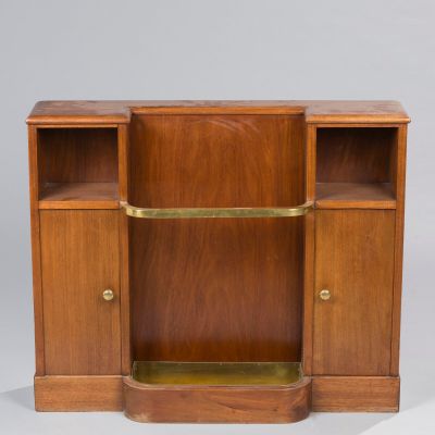an art deco walnut sideboard with brass pulls and shelves