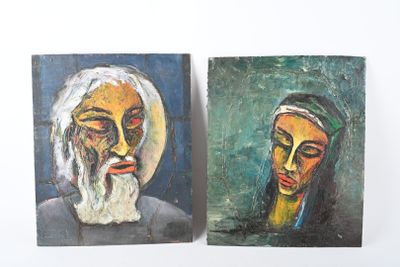 deux tableaux représentant un homme et une femme sur fond blanc