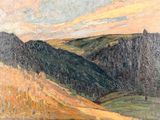 une peinture à l'huile représentant un paysage de montagne avec un cheval au premier plan