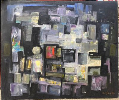 a painting of a cityscape with a clock on it