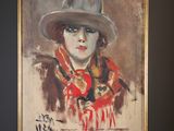 une peinture à l'huile représentant une femme portant un chapeau et une écharpe