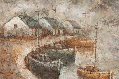 a painting of boats in a harbor with houses in the background