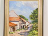tableau représentant un cheval et une calèche sur une route de campagne, dans un cadre doré