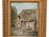 une peinture à l'huile représentant une maison au toit de chaume, dans un cadre doré