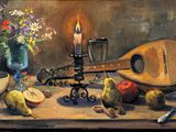 a painting of a still life with a guitar, apples, flowers, and a candle