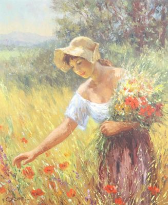 tableau représentant une femme cueillant des fleurs dans un champ d'herbes hautes