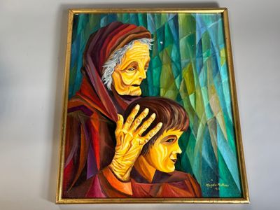 tableau représentant une femme et un enfant dans une pièce où se trouve un tableau représentant un homme et une femme