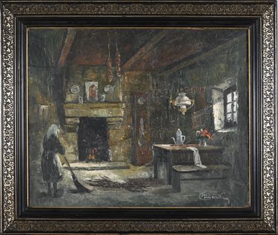 une image représentant un tableau où l'on voit une femme dans une pièce avec une cheminée