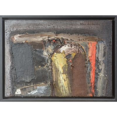 peinture abstraite représentant un homme avec un parapluie, dans un cadre noir