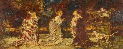 tableau représentant un groupe de femmes et de chiens dans un décor boisé