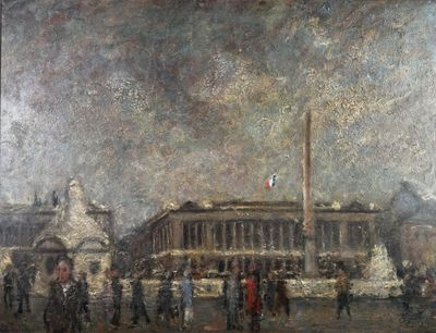 painting of a painting of a city square with people walking around it