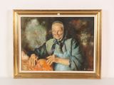 painting of a woman in a blue dress holding a pumpkin
