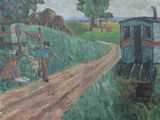 a painting of a man riding a bike down a dirt road