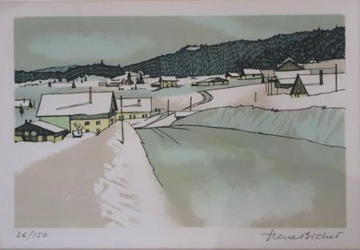 tableau représentant un village enneigé avec une route et des maisons au loin