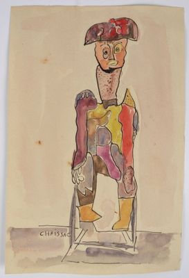 painting of a man sitting in a chair with a hat on