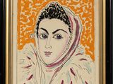 tableau représentant une femme portant un foulard, sur fond orange