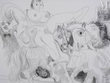 a black and white drawing of a woman on a horse
