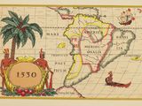 an old map of the americas with a picture of a ship and palm trees