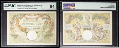 two different types of bank notes are on display in a display case