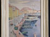 an oil painting of a harbor scene with boats in the water