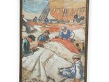 painting of a group of people on a beach with a boat in the background