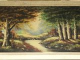 an oil painting of a stream running through a forest with trees