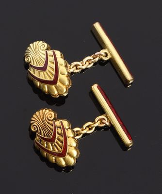 two pairs of gold cufflinks with red enamel and gold chain