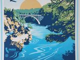 a poster of a bridge over a river with a bird flying over it