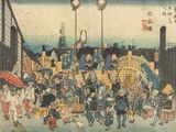 an image of a painting of a group of people walking down a street