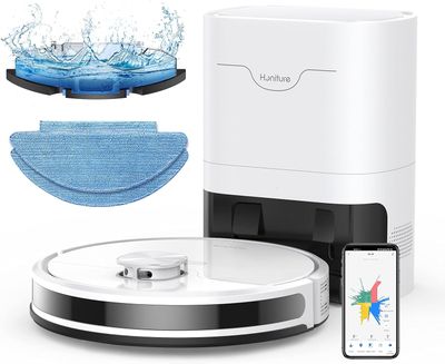 une image représentant un aspirateur robot équipé d'un chiffon de nettoyage et d'un téléphone
