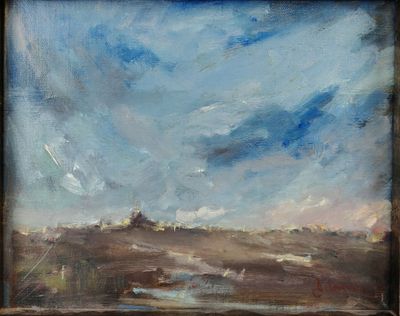 une peinture à l'huile représentant un paysage avec un ciel bleu en arrière-plan